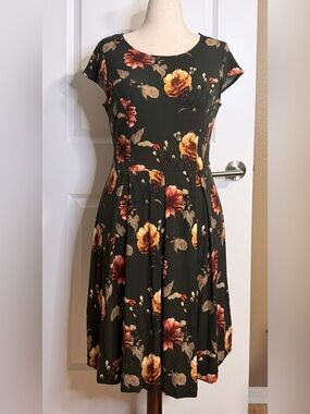 🆕 NWT Hailey 23 Sonora Brushed Knit Olive Autumnal Floral Fit-and-Flare Dress L